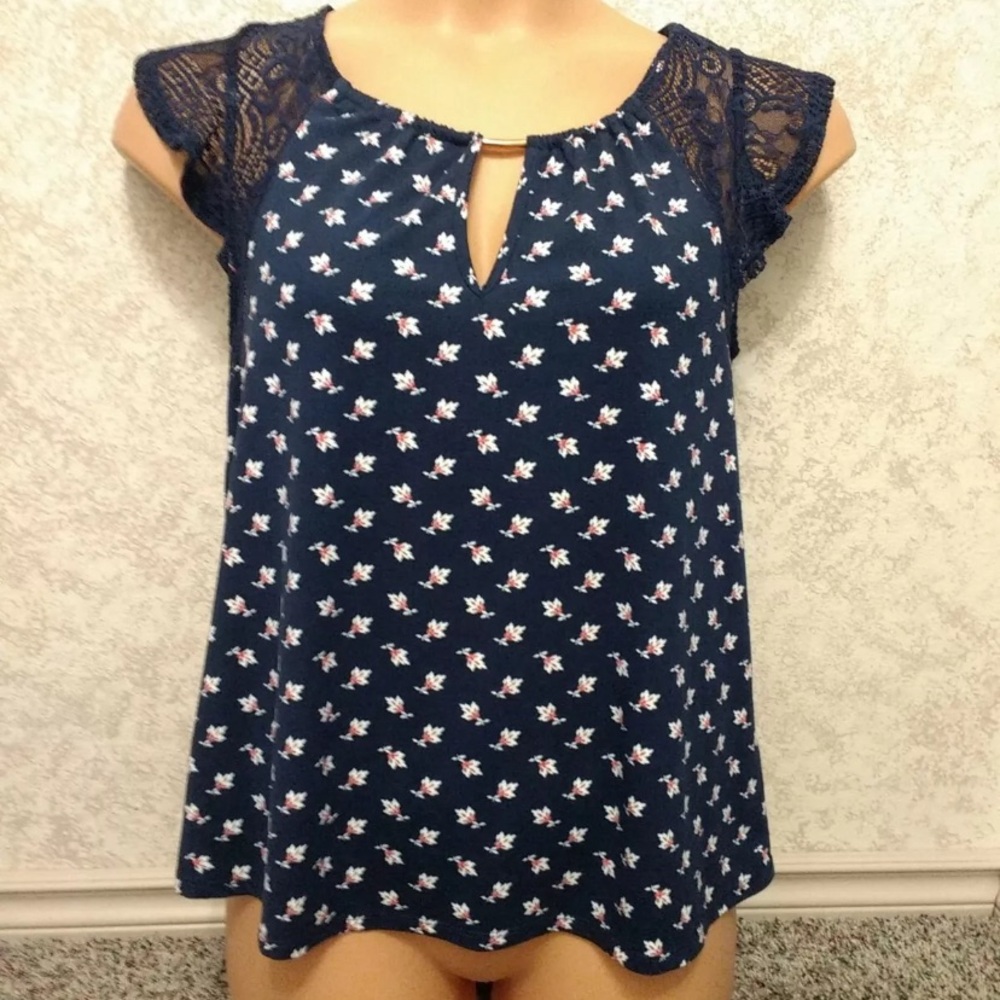 Heart Soul Navy Blouse with Lace Sleeves